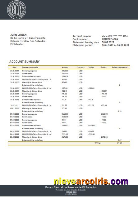 Salvador Banco Central de Reserva of El Salvador bank statement Excel and PDF